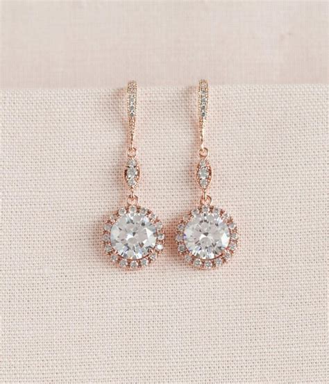 Rose Gold Bridal Earrings Round Halo Wedding Earrings Crystal Wedding