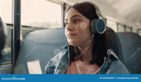 Teenage Girl Enjoying Listening Music With Headphones Sitting Bus Close Up Stock Image Image