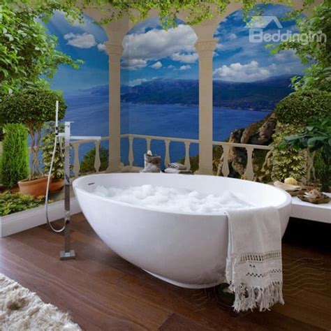 Blue Sea Scenery Pattern Simple Style Waterproof 3d Bathroom Wall