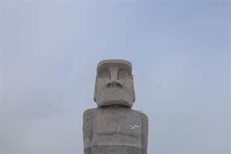 Moai Big Stone Statue In Winter With Snow On Ground Editorial Stock