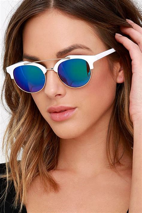 Chic White And Blue Sunglasses Round Sunglasses Mirrored Sunglasses 2300 Lulus