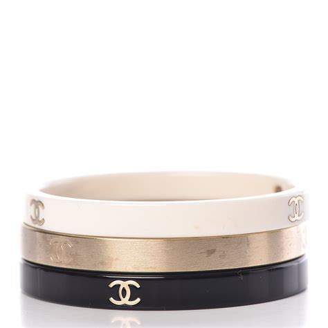 Chanel Resin Metal Cc Bangle Set Of 3 Black White Gold 420236