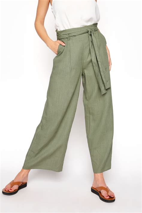 LTS Khaki Green Linen Mix Shirred Waist Cropped Trousers Long Tall Sally