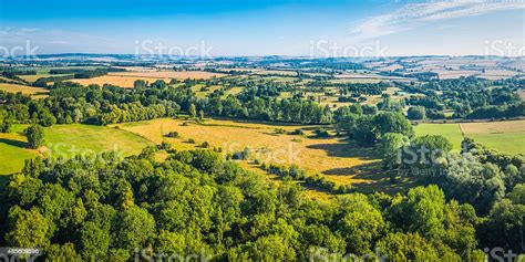 Aerial Panorama Over Green Fields Golden Crops Tranquil Patchwork