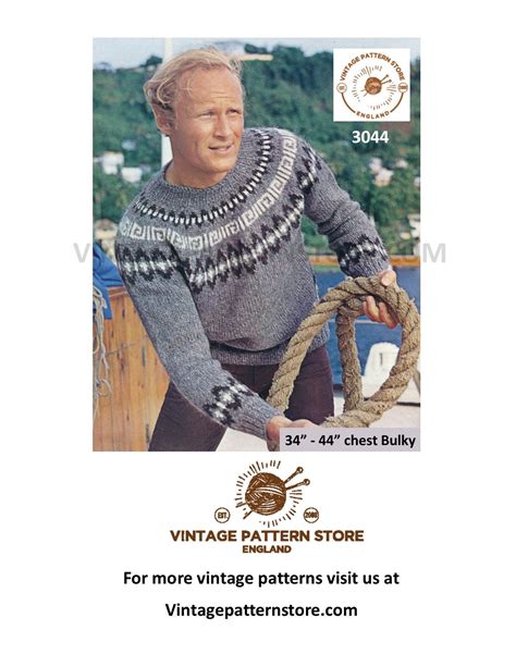 Mens Mans 80s Vintage Chunky Knit Crew Neck Fair Isle Yoke Yoked Raglan