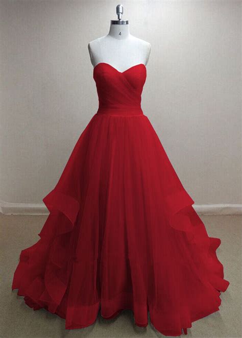 Pretty Handmade Tulle Red Sweetheart Long Prom Dresses Red Prom Gowns