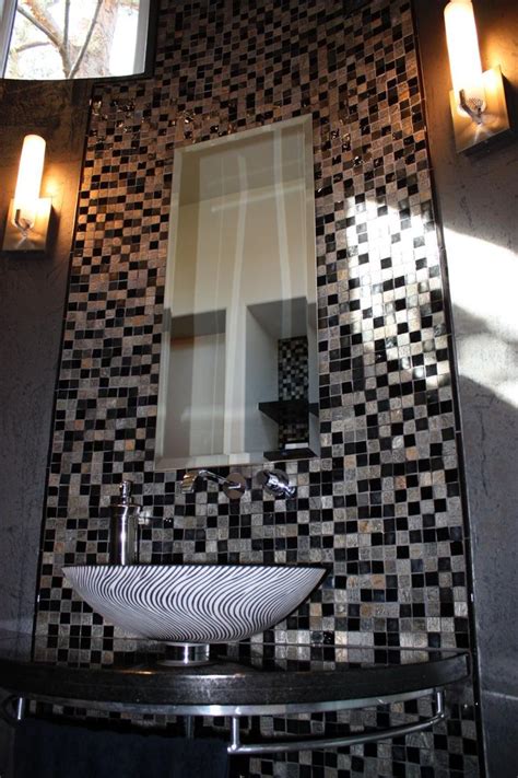 Black And Silver Mosaic Tile Accent Wall In Powder Room Home Remodeling