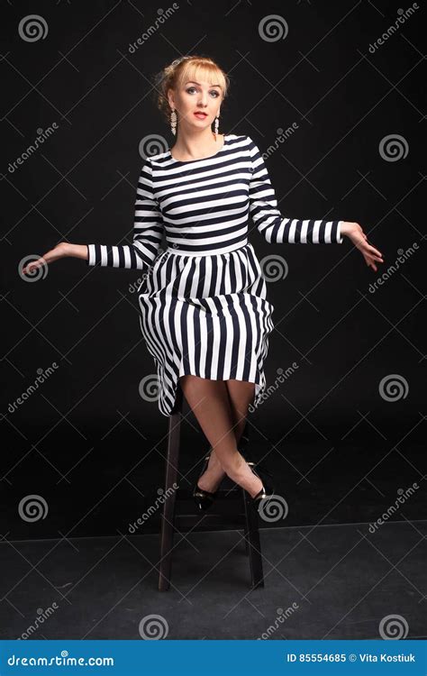 Blonde In A Striped Dress Fun Stock Image Image Of Fashion Dress 85554685
