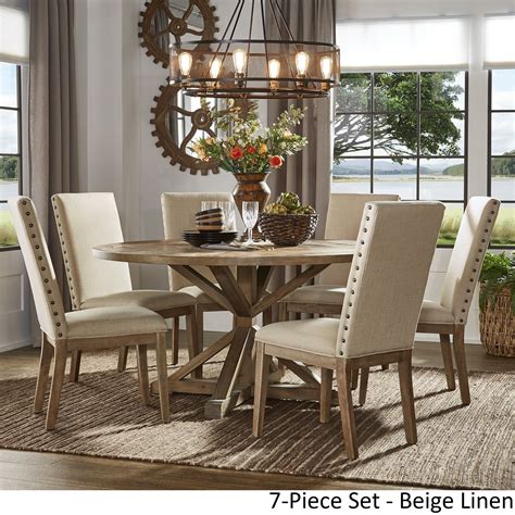 Benchwright Rustic X Base Round Pine Wood Dining Set With Nail Head