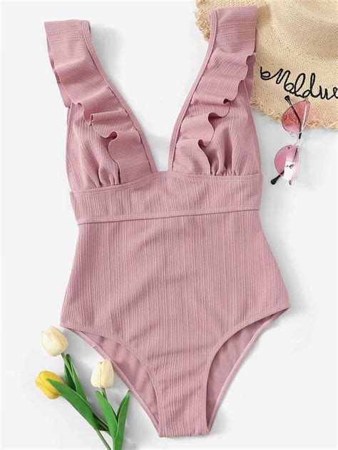 Emery Rose Plunging Ruffle One Piece Swimsuit Cute Swimsuits Plus