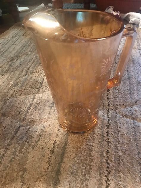 Vintage Jeanette Glass Marigold Iridescent Pitcher With White Etsy