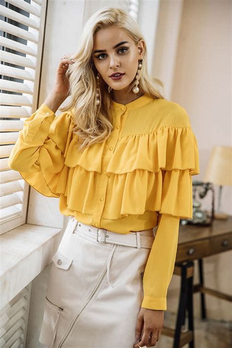 elegant ruffles long sleeve yellow blouse shirt cute blouses shirt blouses