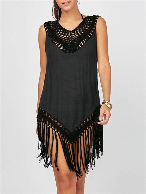 Black One Size Sleeveless Fringed Cover Up Dress For Beach