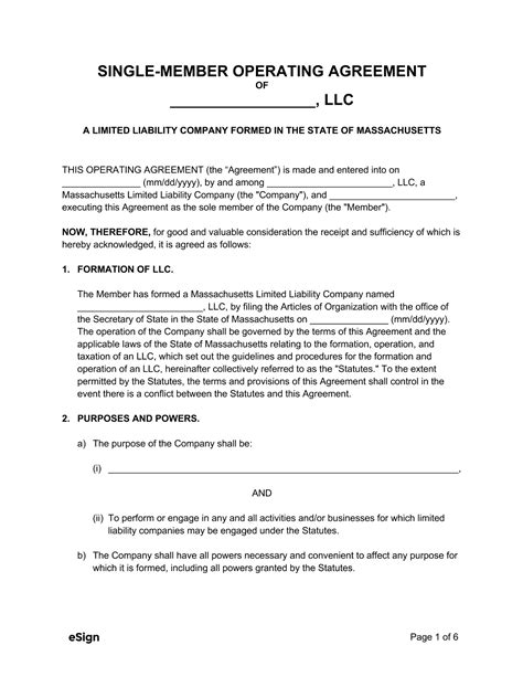 Free Massachusetts Single Member Llc Operating Agreement Form Pdf Word