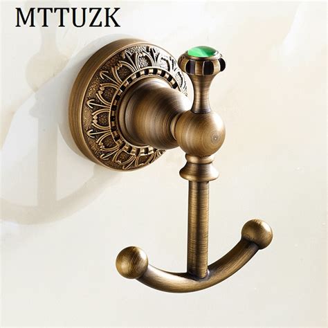 Mttuzk Solid Copper Robe Hooks Wall Hook Antique Brass Jade Double Clothes Hanger Towel Hooks