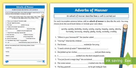 Adverb Of Manner Worksheet Exercises With Answers