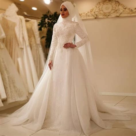 Long Sleeve Zipper Back Lace Islamic Tulle Muslim Wedding Dresses Tbw2