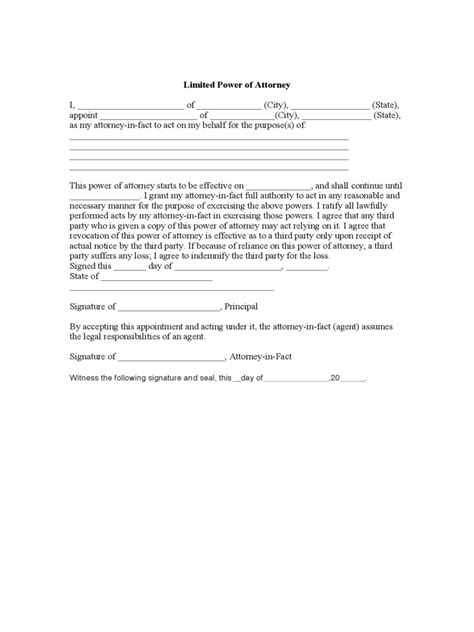 Limited Power Of Attorney Form Free Templates In Pdf Word Excel