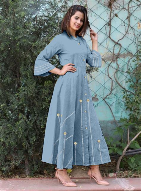 Sky Blue Cotton Readymade Kurti 133662 Fashion Cotton Anarkali Attractive Dresses