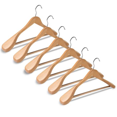 High Grade Wide Shoulder Wooden Hangers 6 Pack With Non Slip Pants Bar