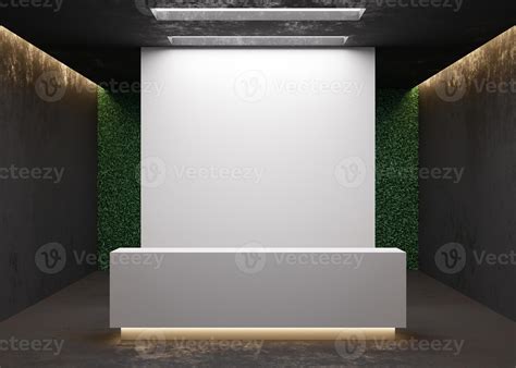 White reception counter in modern room with dark walls. Blank