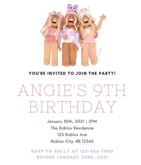 Girl Roblox Invitation Pink Girl Roblox Invitation Roblox Etsy