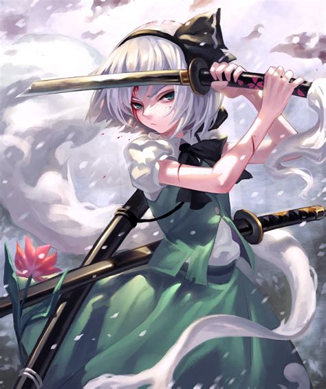 Short Hair Green Eyes Anime Anime Girls Gray Hair Sword Weapon Blood Hd Wallpapers
