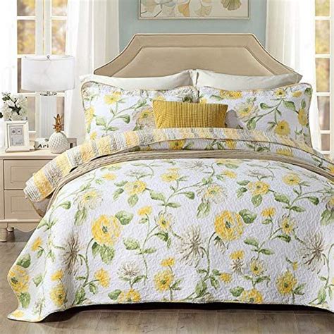 Caramel Macchiato Quilt Set 3pcs Yellow Floral Bedspread 100 Cotton