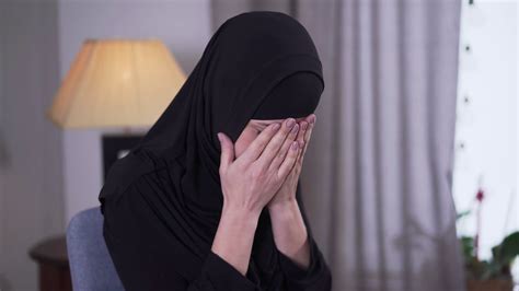 Portrait Of Depressed Muslim Woman Crying At Home Lonely Beautiful