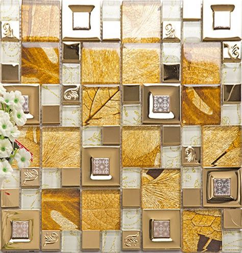 Gold 304 Stainless Steel Tile Metal Tiles Yellow Crystal Glass Mosaic
