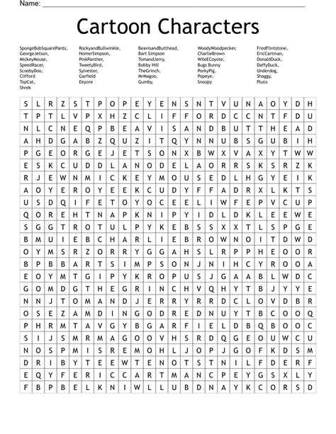 Cartoon Characters Word Search Wordmint