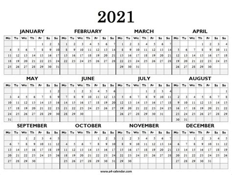 2021 Calendar Printable Starts With Monday One Page