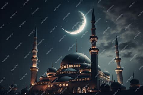 Premium Photo Crescent Shaped Moon And Mosque In Front Of Night