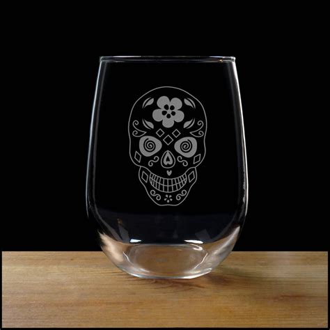 Sugar Skull Stemless Wine Glass Free Personalization Personalized Gift Etsy
