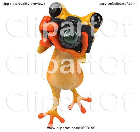 Clipart Of A 3d Yellow Frog Holding A Camera On A White Background