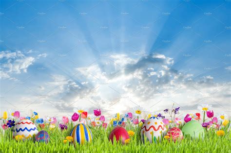 Easter Background Containing Easter Egg And Flower Holiday Stock