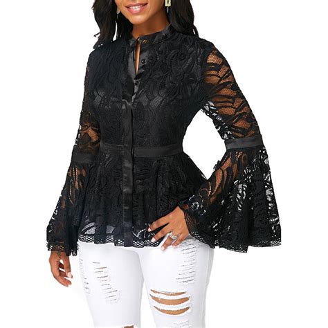 Women Fashion See Through Lace Long Plus Size Flare Sleeve Blouse Slim Fit Top Buy At A Low