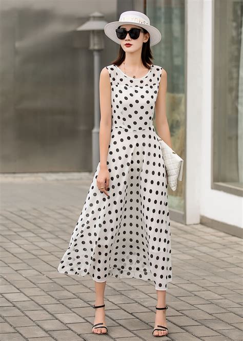 Sleeveless Polka Dot Chiffon Dress Maxi Crew Neck Chiffon Etsy