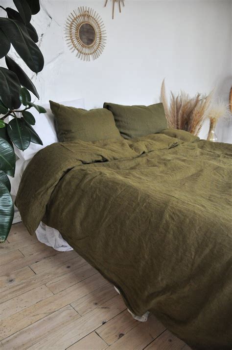 Dark Olive Green Linen Bedding Set 1 Duvet Cover 2 Etsy