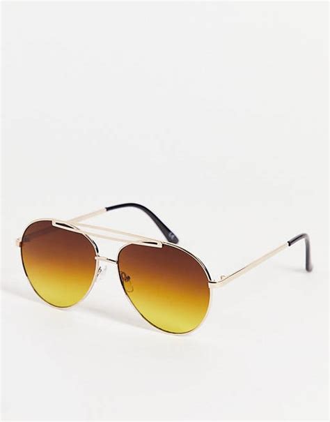 Asos Design Metal Aviator Sunglasses With Brown Gradient Lens In Gold Asos