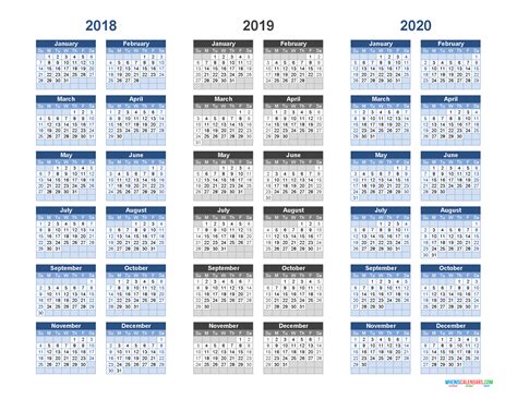 Printable Calendar 2018 2019 And 2020 3 Year Calendar