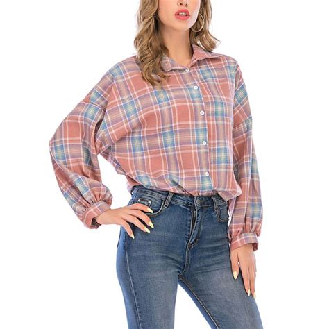 Ukap Classic Plaid Buttons Shirt For Women Drop Shoulder Long Sleeve Turn Down Collar Casual