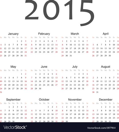 Simple European 2015 Year Calendar Royalty Free Vector Image