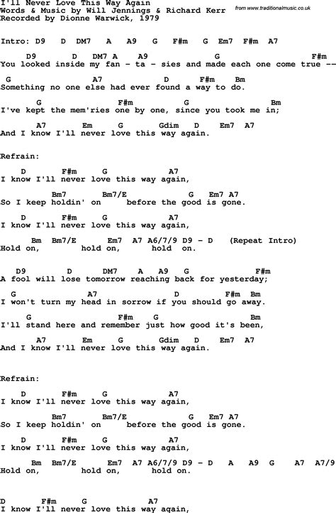 Song Lyrics With Guitar Chords For Ill Never Love This Way Again Dionne Warwick 1979
