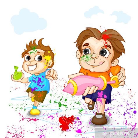 Poster Vector Illustration Of Kids Playing Holi Festival Pixersus