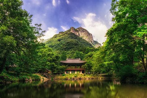 Nature Landscape Mountain Trees Forest House Lake South Korea