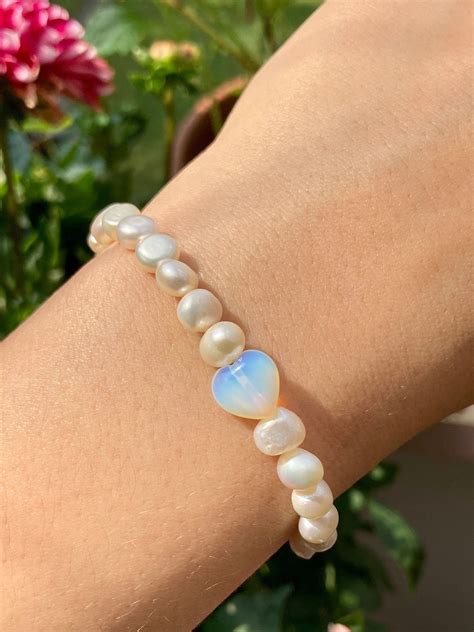 Elastic Bracelet In White Freshwater Pearls With Moonstone Etsy