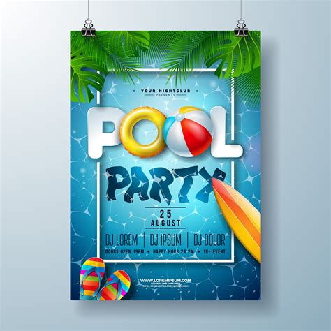 Summer Pool Party Poster Design Template With Palm Leaves Water Beach