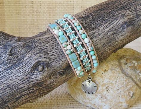 Beaded Leather Wrap Bracelet With Macrame Turquoise Mix Wrap