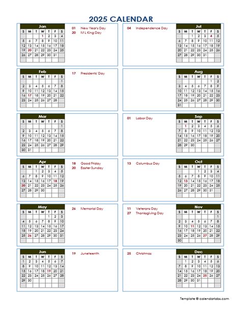 2025 Yearly Calendar Template Vertical Design Free Printable Templates